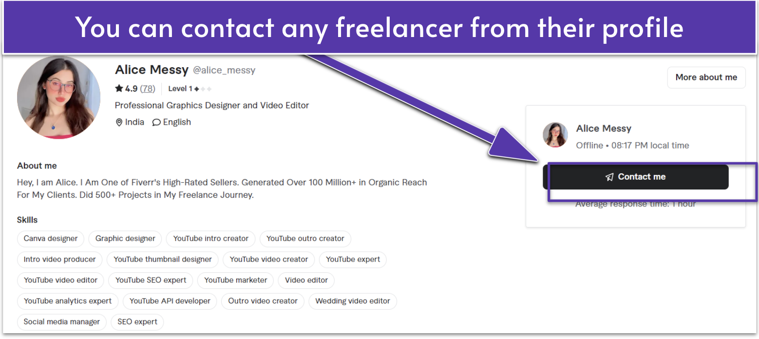 The Contact Me button highlighted on a YouTube expert's profile on Fiverr
