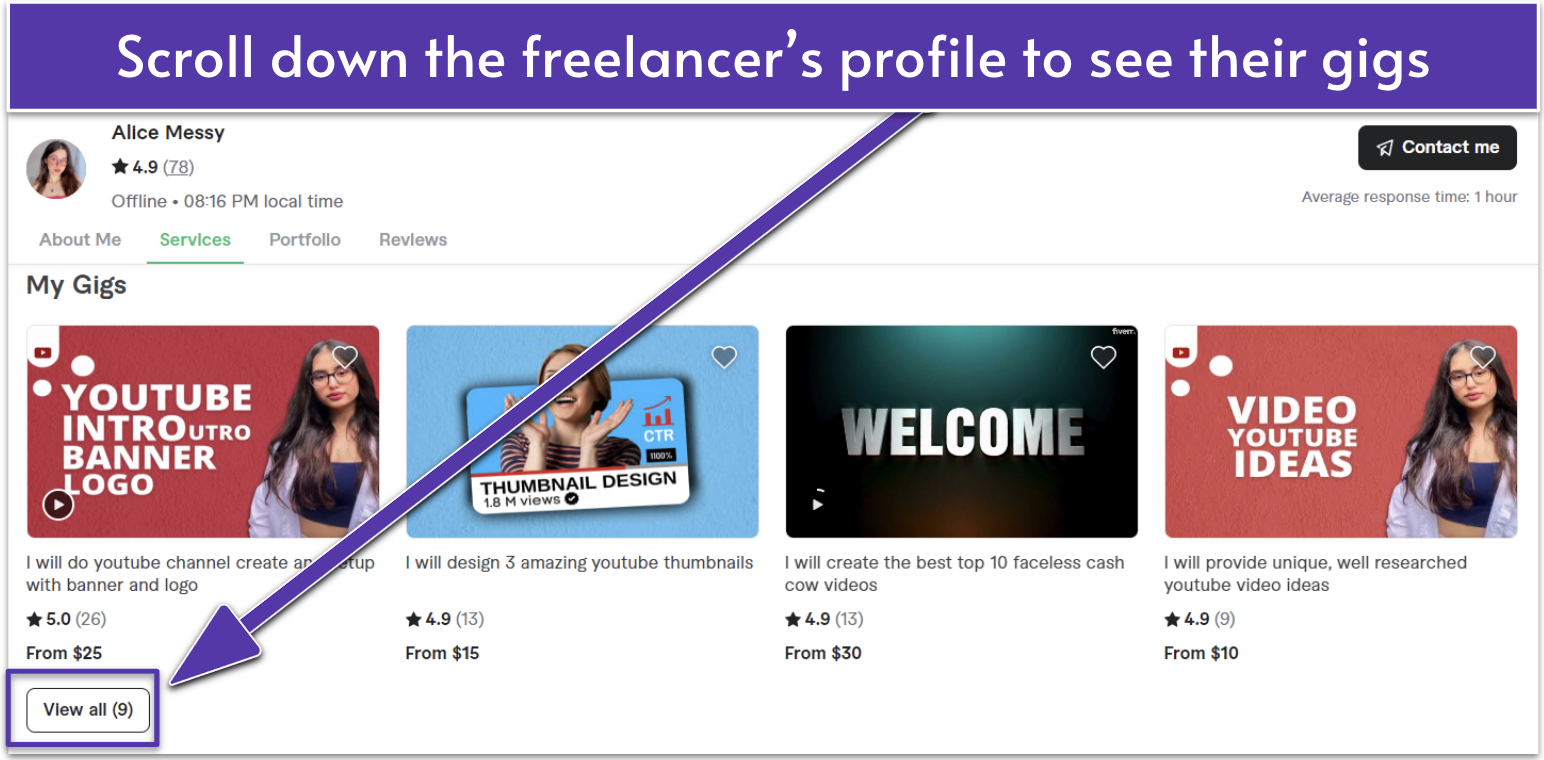 The gigs on a freelancer's profile on Fiverr