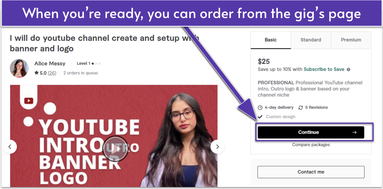 The "Continue" button highlighted on a YouTube expert's gig page on Fiverr