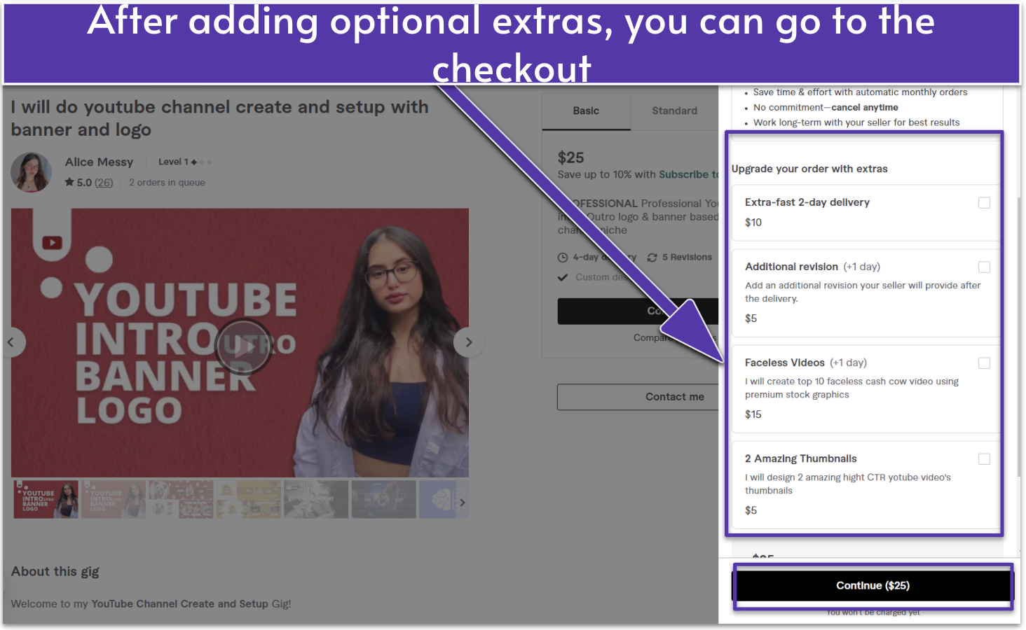 The "Continue" button highlighted on a YouTube expert's gig page on Fiverr on the order summary menu, along with order upgrades