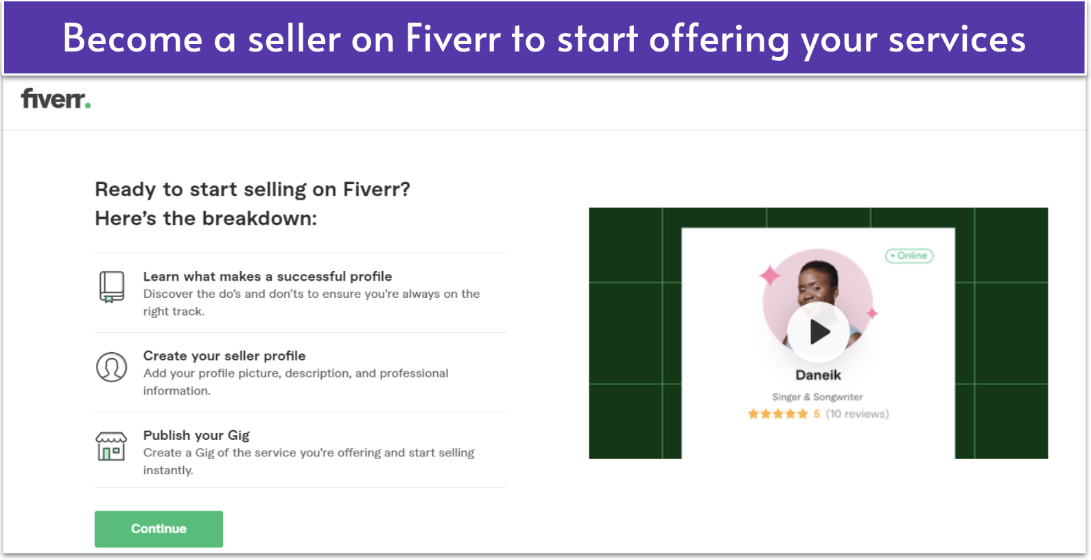 Fiverr's menu for starting to create your seller profile