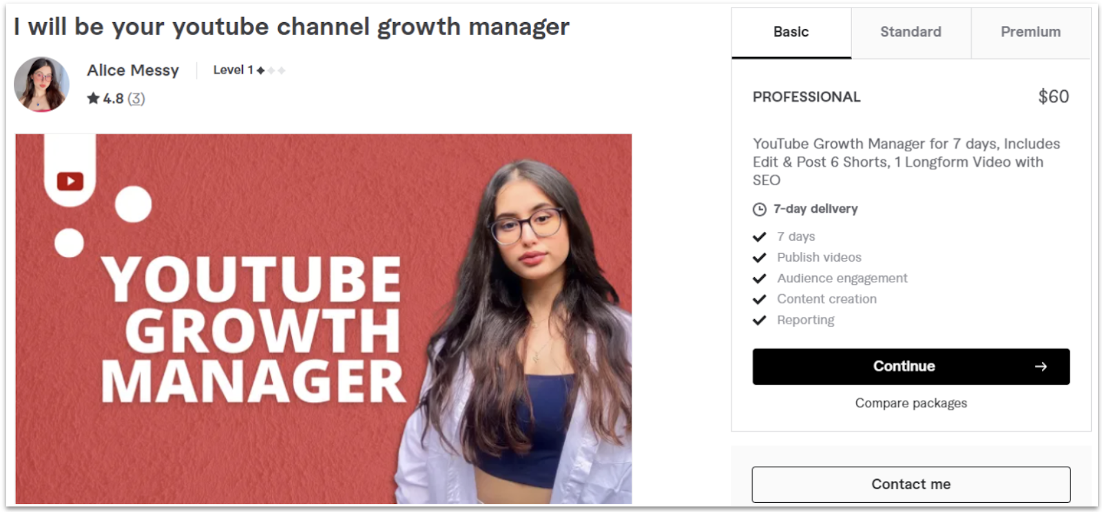 A YouTube Channel Manager gig from Fiverr user Alice_messy