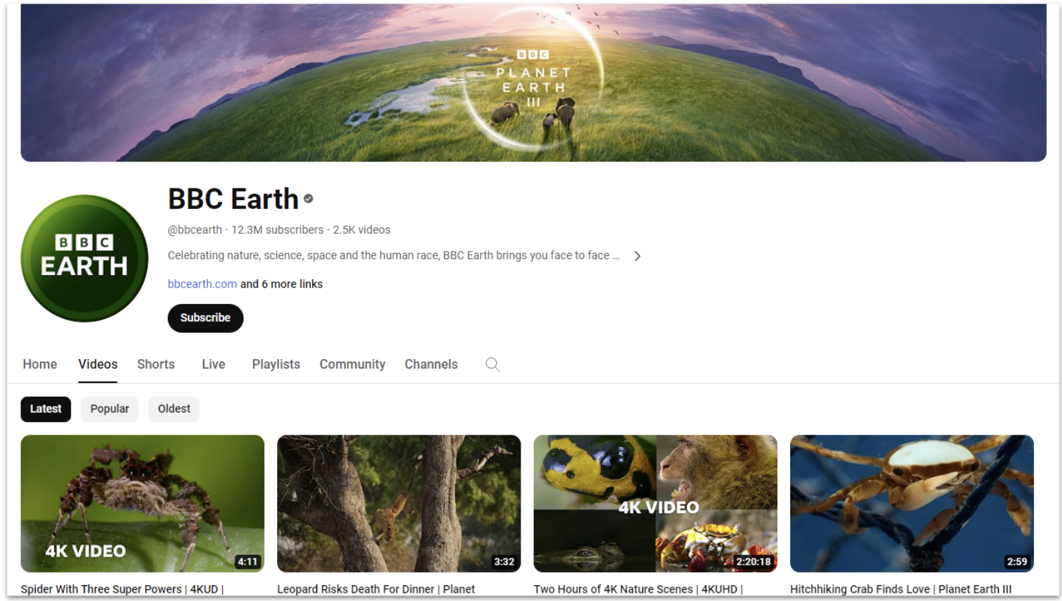 The YouTube page of BBC Earth, showcasing their banner