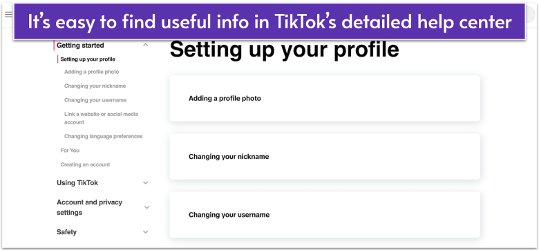 a screenshot's of TikTok's help center