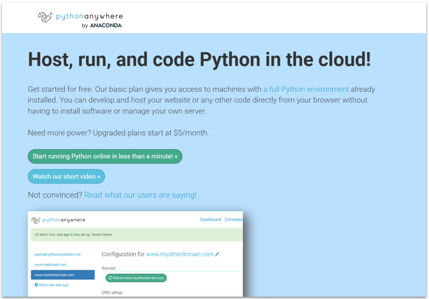 Pythonanywhere home page