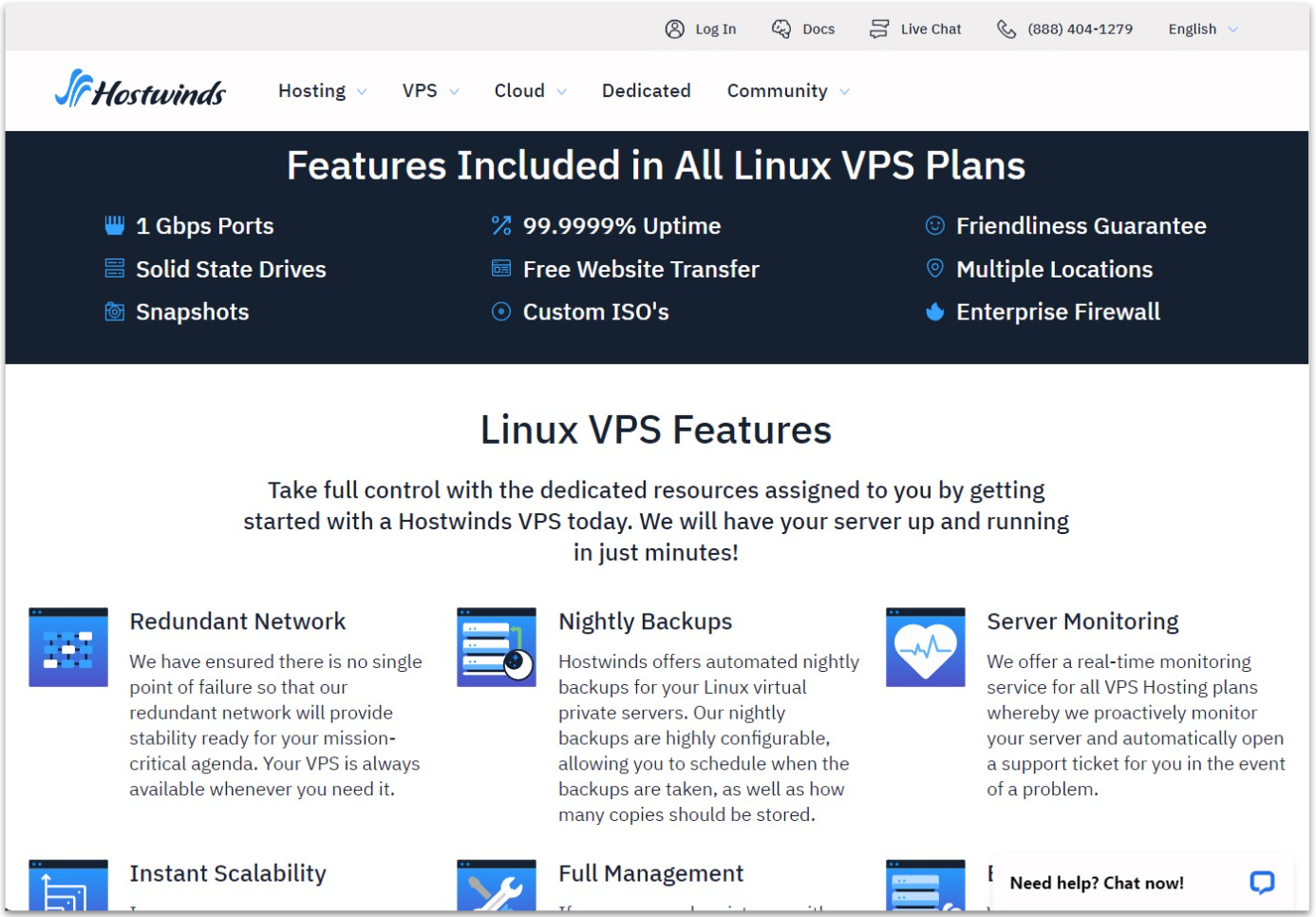 Hostwinds Linux VPS features page