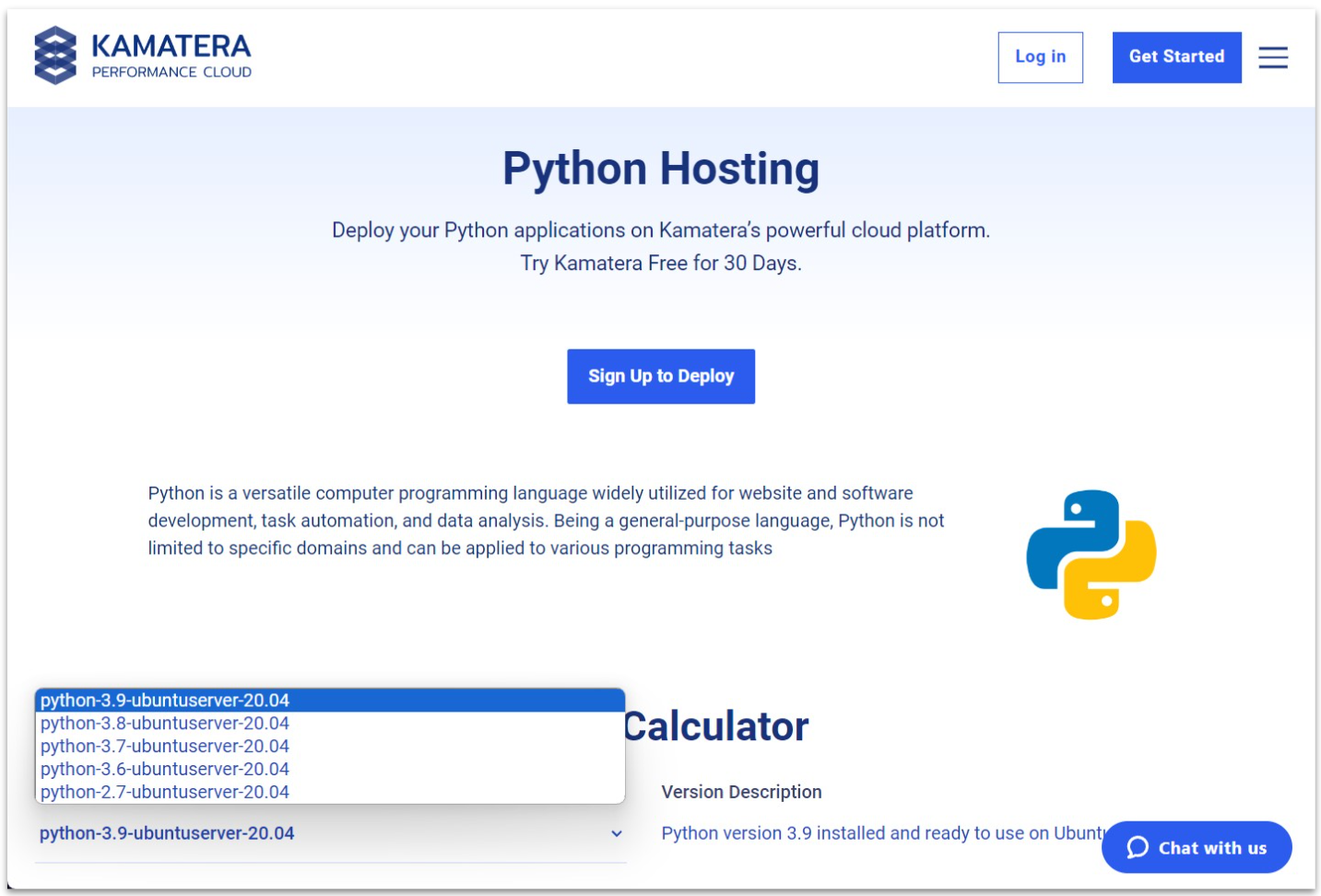 Kamatera Python hosting plans page