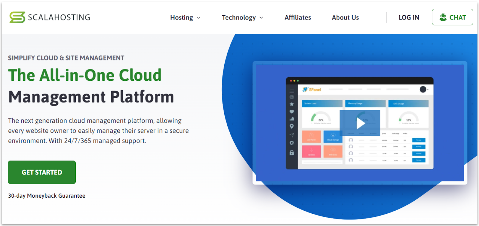 ScalaHosting offers its proprietary SPanel control panel for all cloud plans, including unmanaged VPS