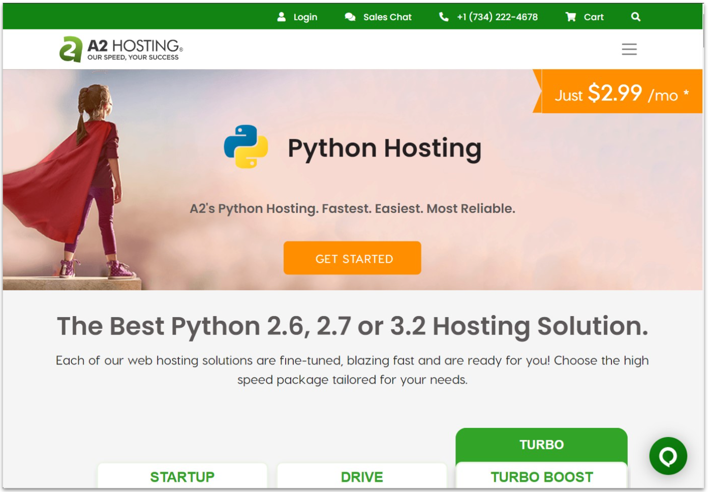 A2 Hosting Python hosting plans page