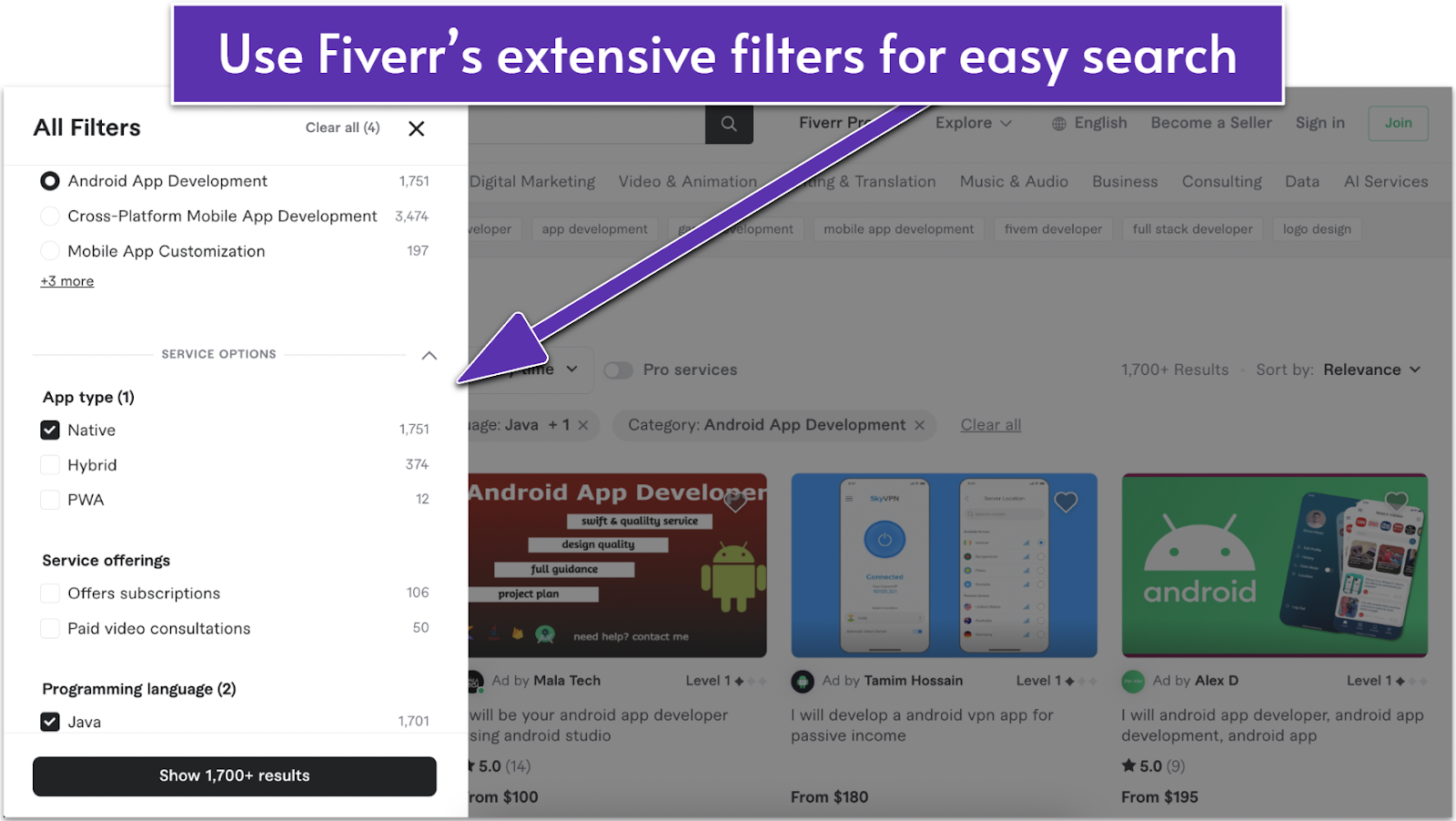Fiverr's filtering panel