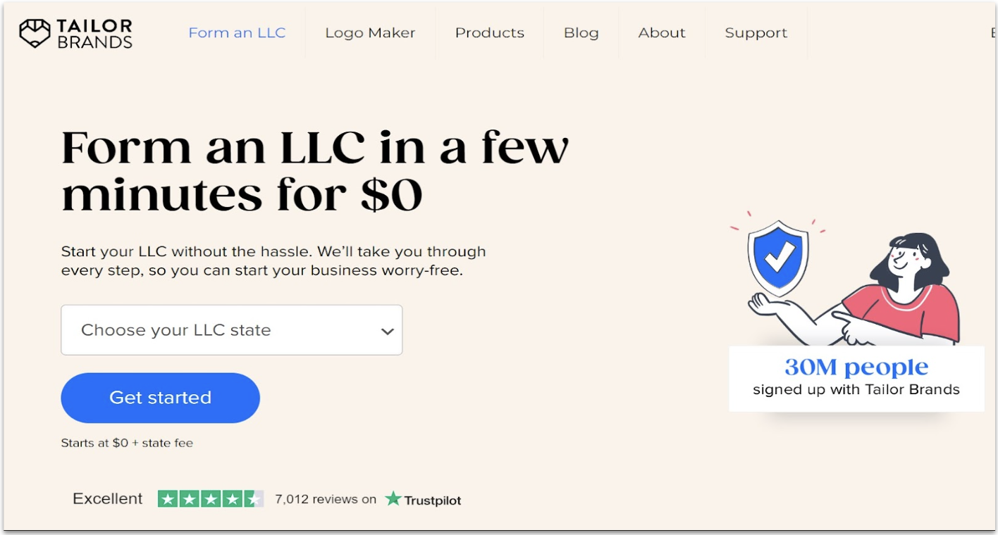 Tailor Brands LLC formation landing page