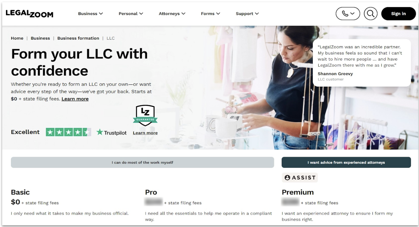 LegalZoom LLC formation landing page
