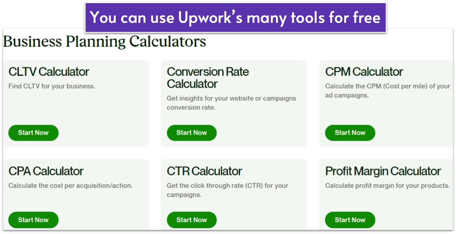 Some of Upwork's calculator tools