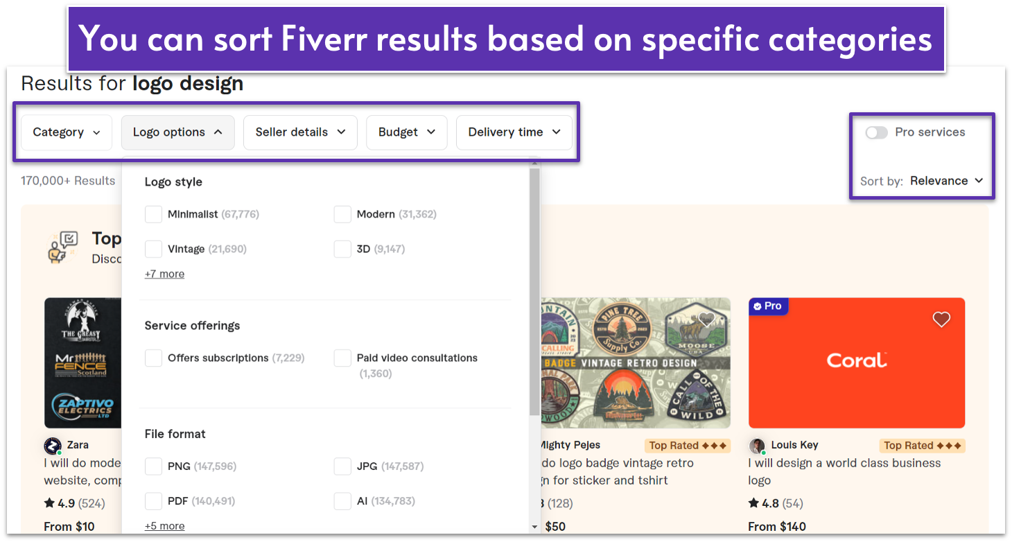 The Fiverr search page for the keyword "logo design" with the search filters highlighted
