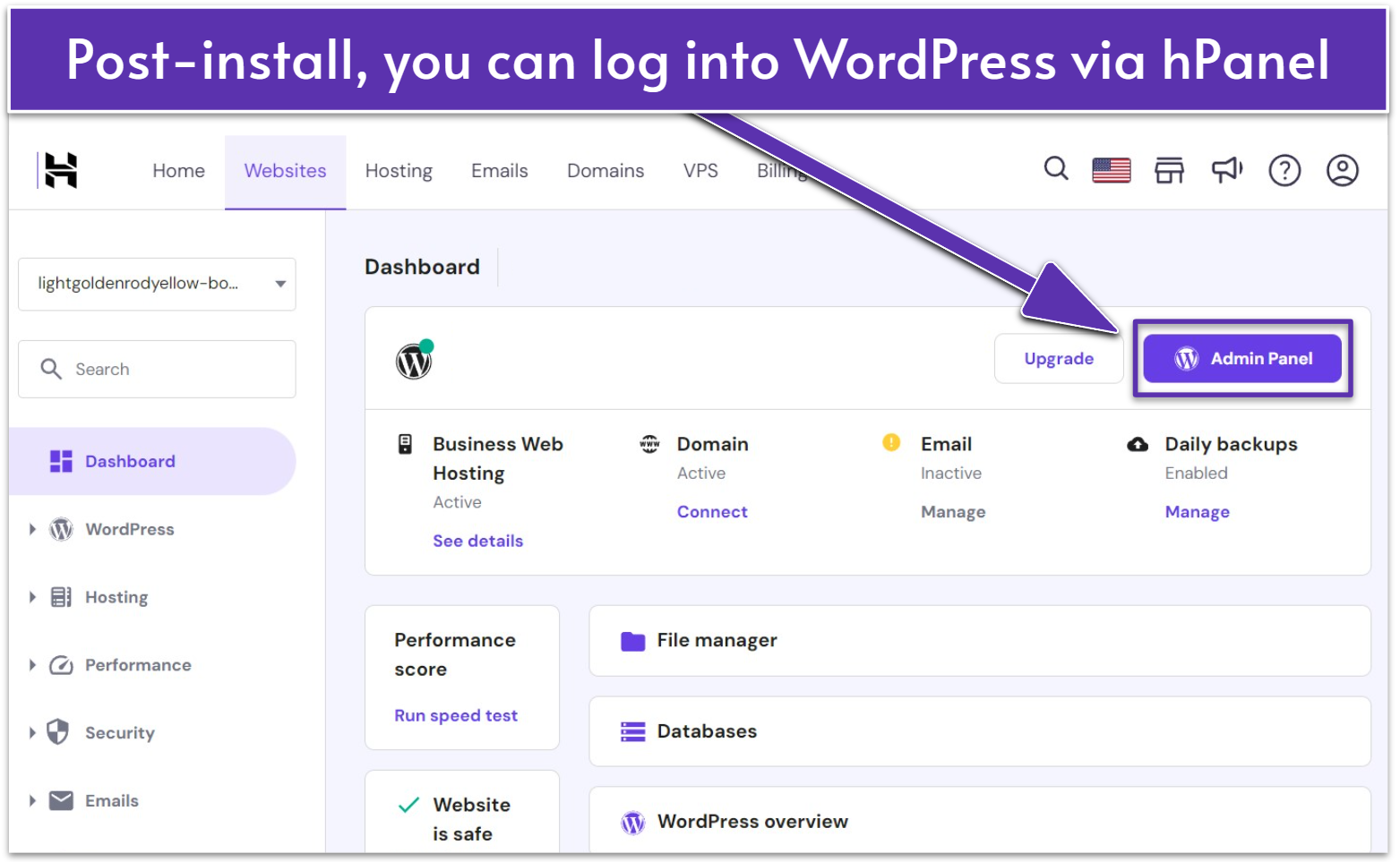 WordPress Admin panel login via Hostinger's hPanel control panel