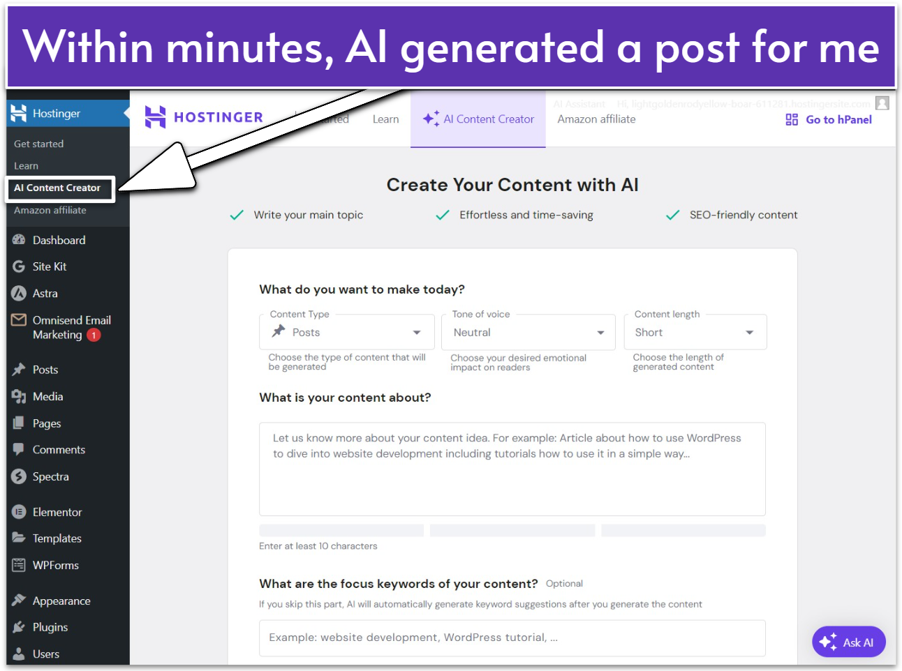 Hostinger's AI Content Creator for WordPress