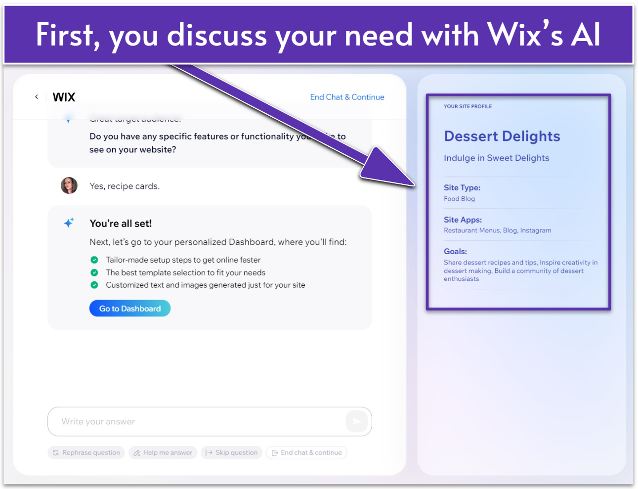 Wix's AI website generation chatbot questionnaire