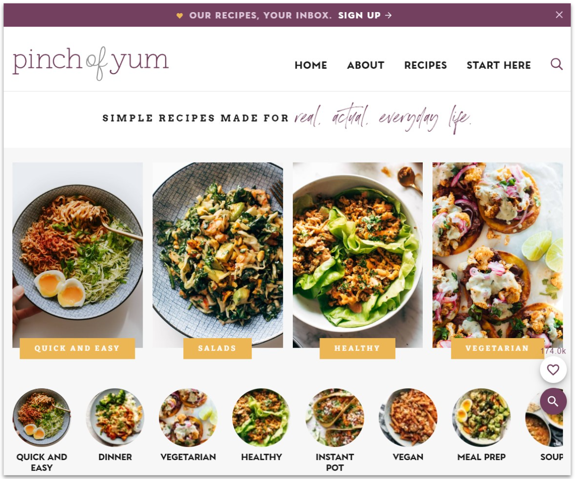 Pinch of Yum food blog landing page featuring various recipe category selections