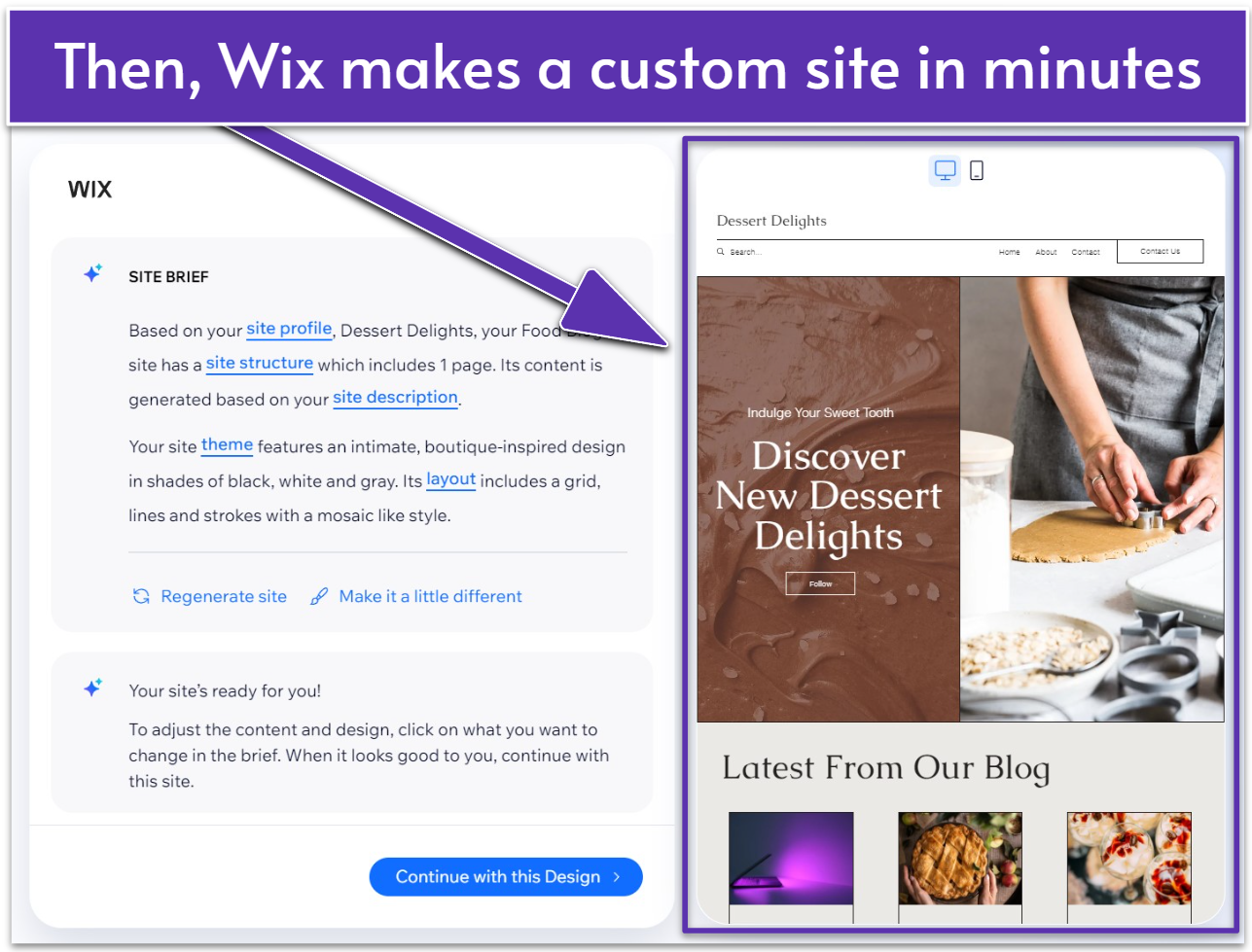 Wix's AI Website Generator creating a dessert recipe based on a unique profile
