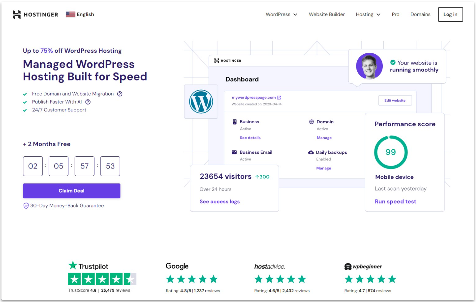 Hostinger WordPress hosting landing page with an image of its hPanel dashboard, customer ratings, and special offers