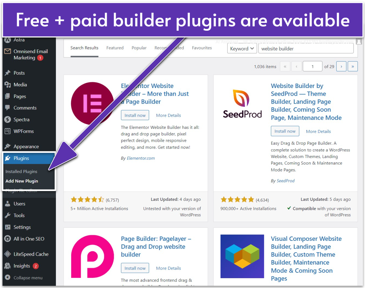 Free and paid website builder plugins available in WordPress under the Plugins > Add New Plugin menu