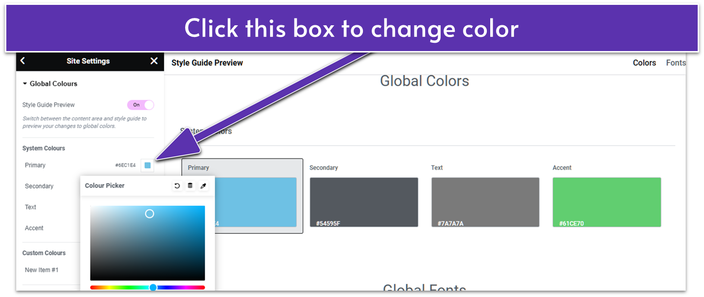 Elementor site settings global colors menu