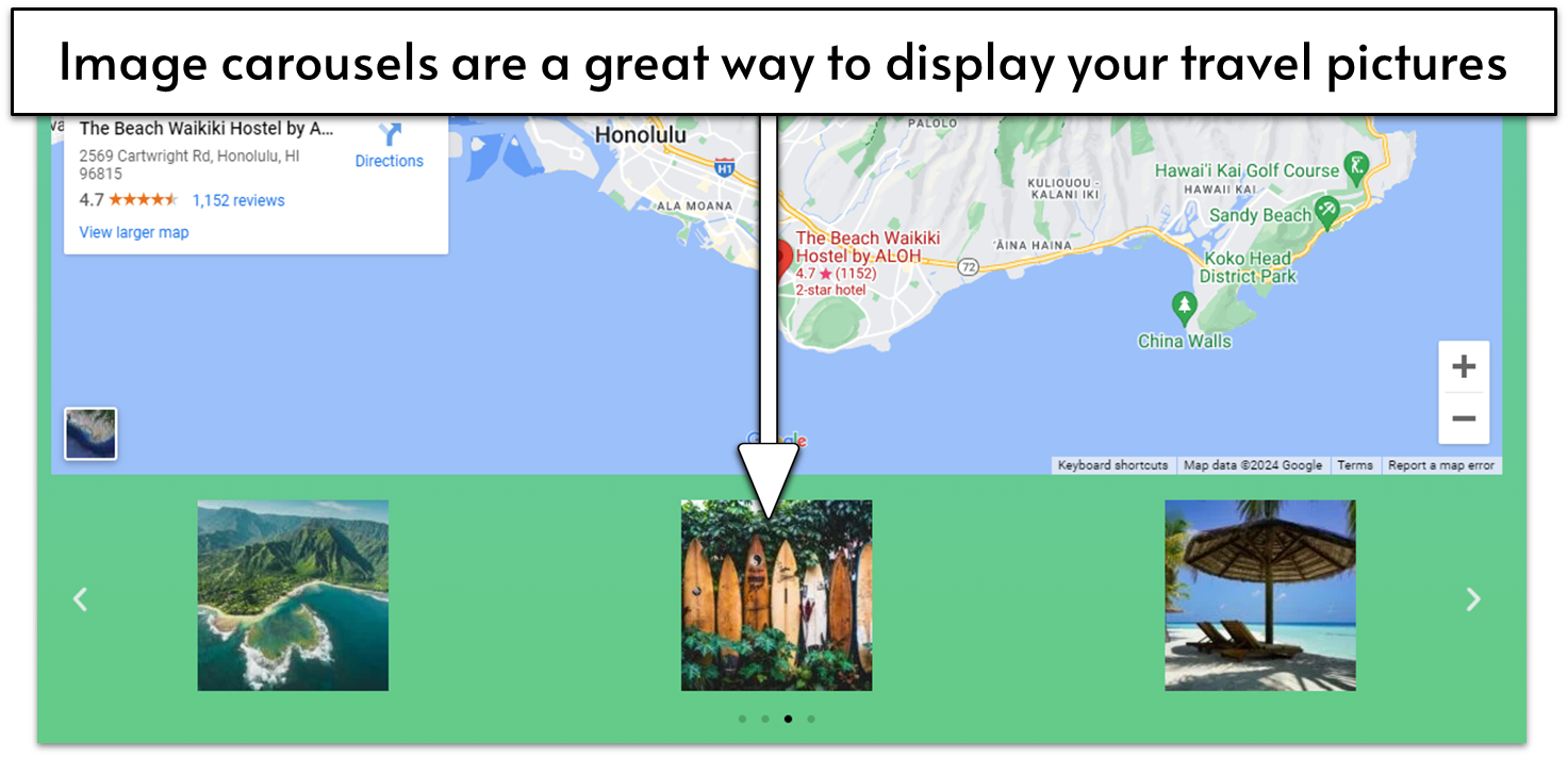 Sample travel blog page with embedded map and image carousel