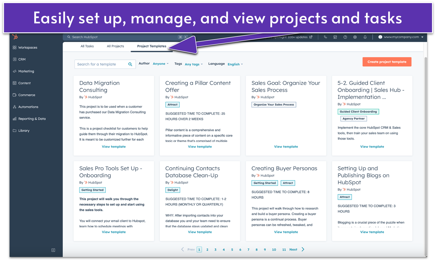 HubSpot templates and project and task views