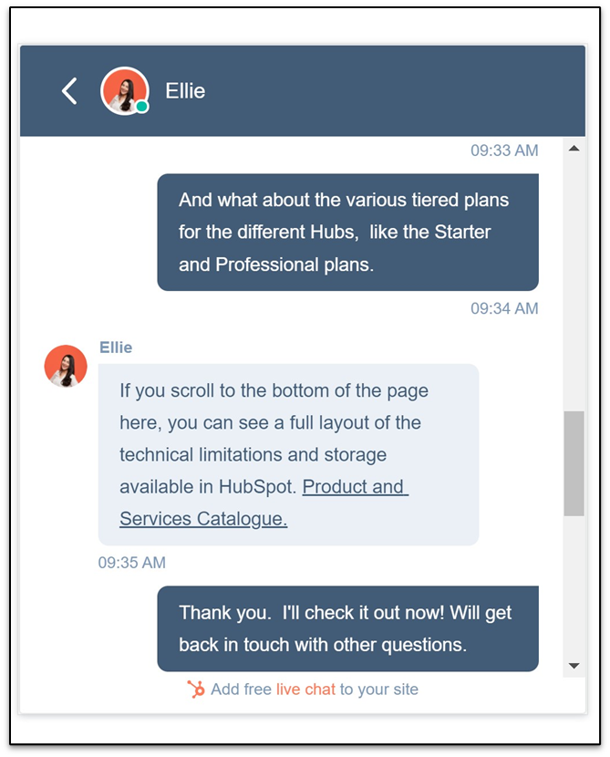HubSpot chat interaction with sales support