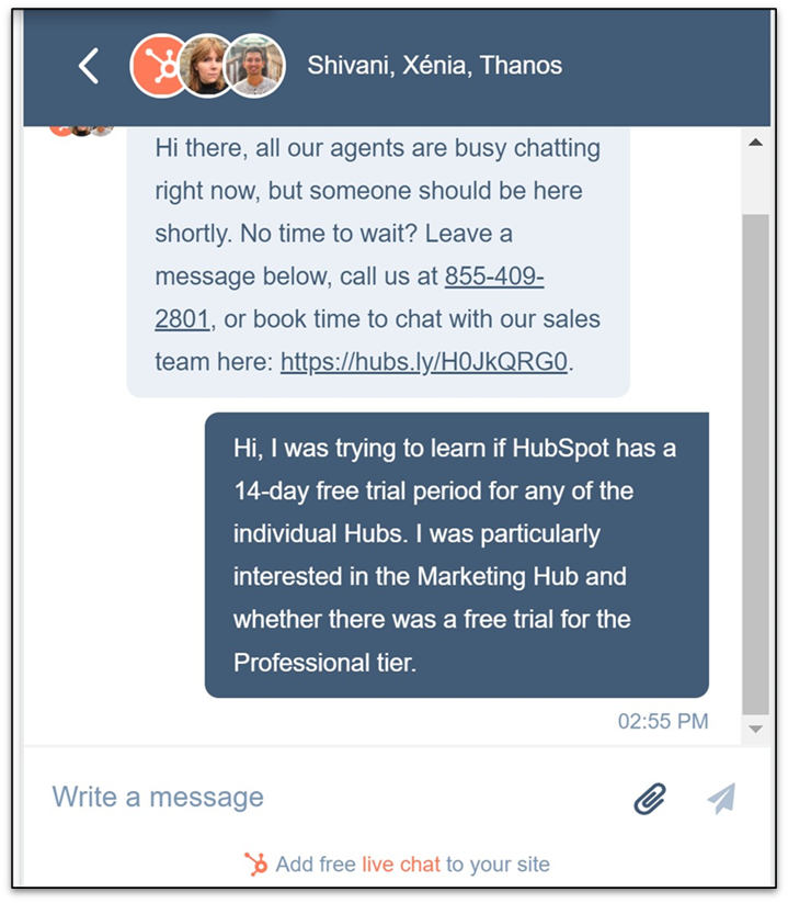 Hubspot chat interactio with sales support