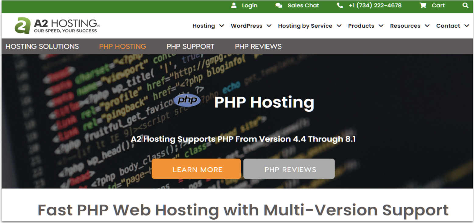 A2 Hosting PHP hosting page