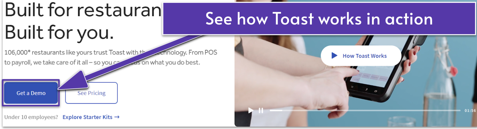 Toast demo and pricing site buttons