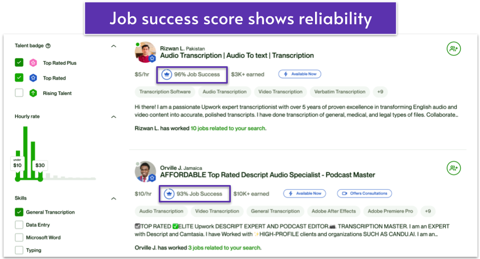 Upwork's transcriptionist search results page