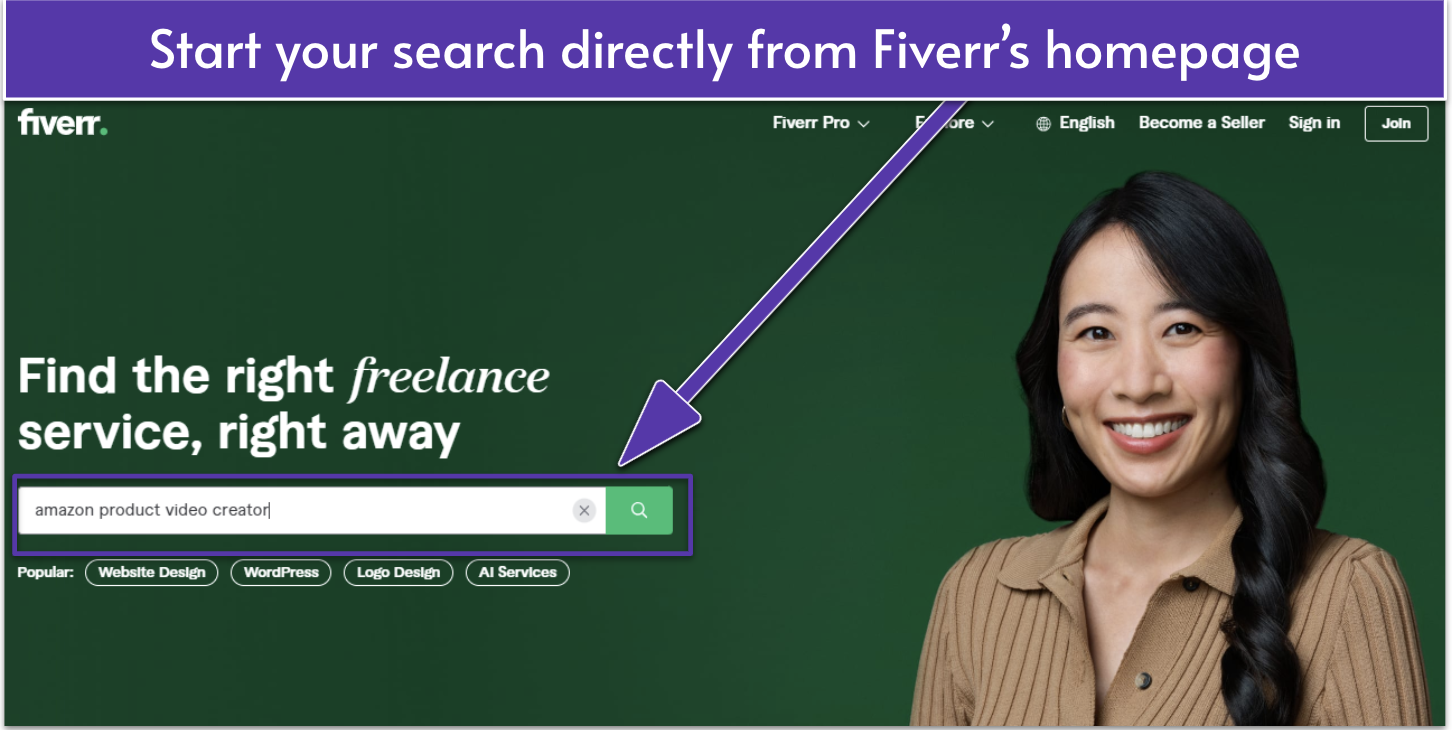 Fiverr's homepage with the words "amazon product video creator" written in the search bar