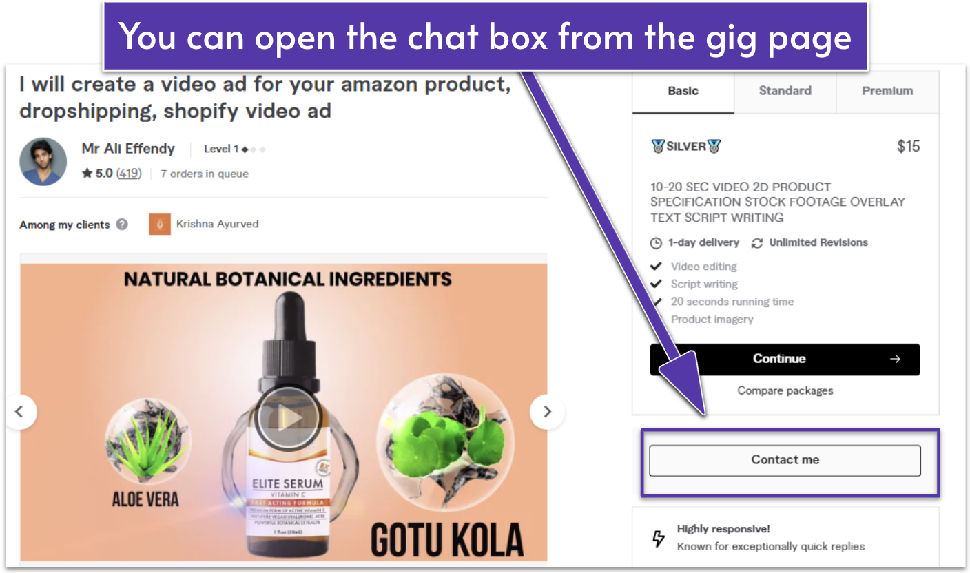 A gig's page on Fiverr with the Contact Me button highlighted
