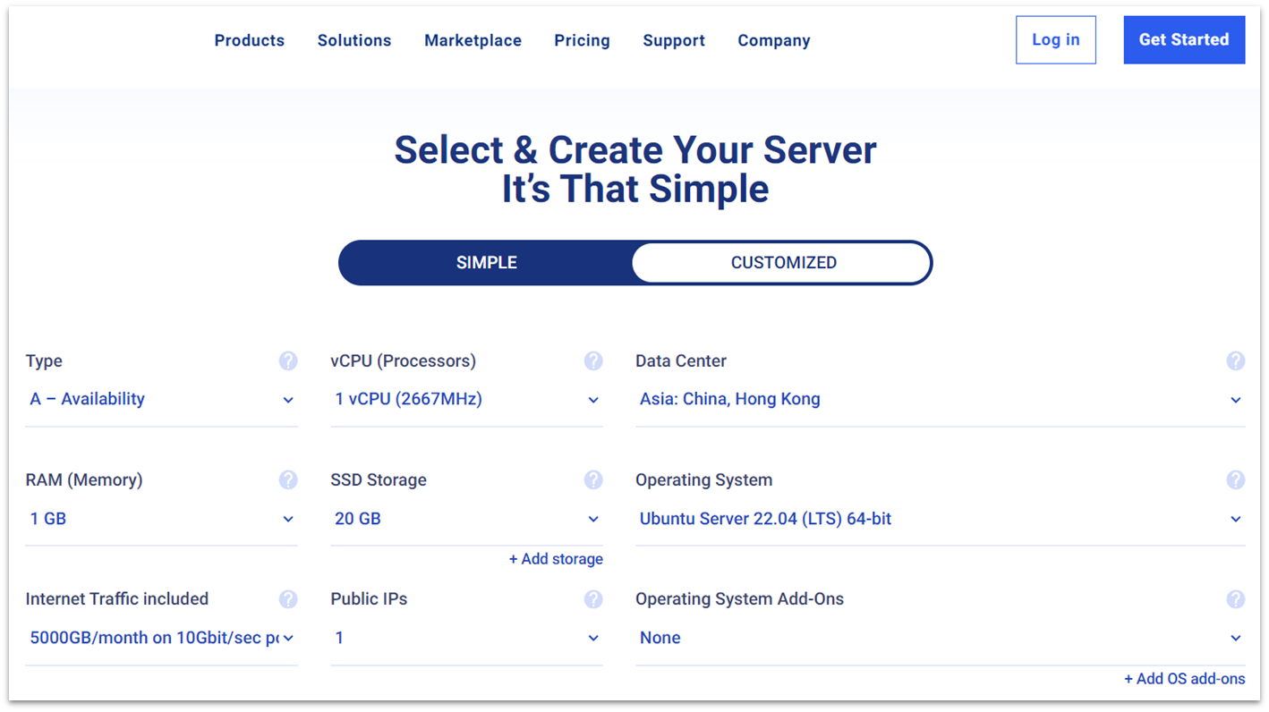 Kamatera custom server menu selection