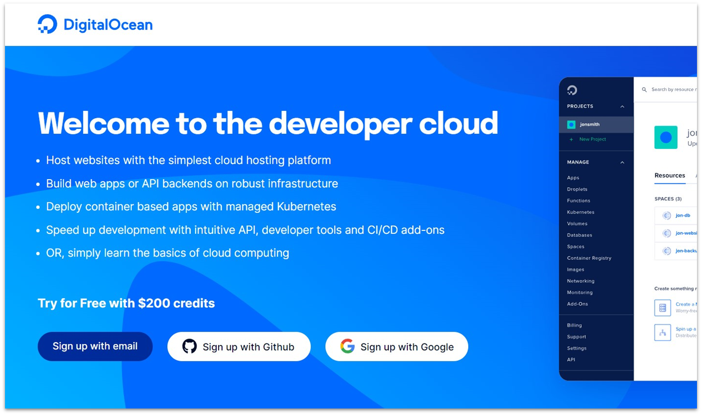 DigitalOcean cloud hosting landing page