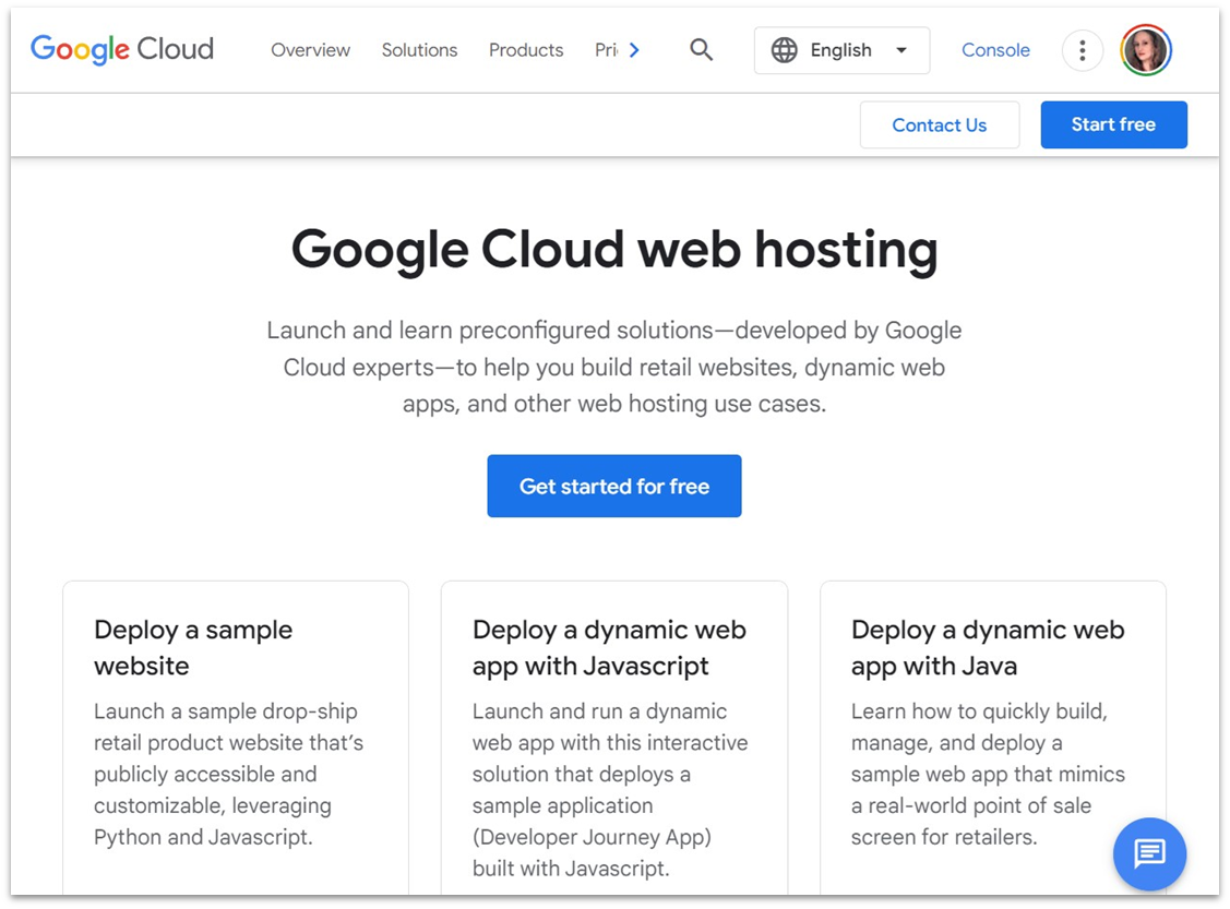 Page d'atterrissage de l'hébergement Google Cloud