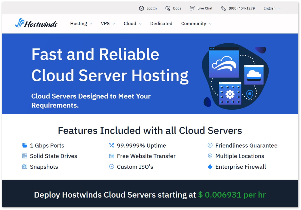 HostWinds cloud hosting landing page