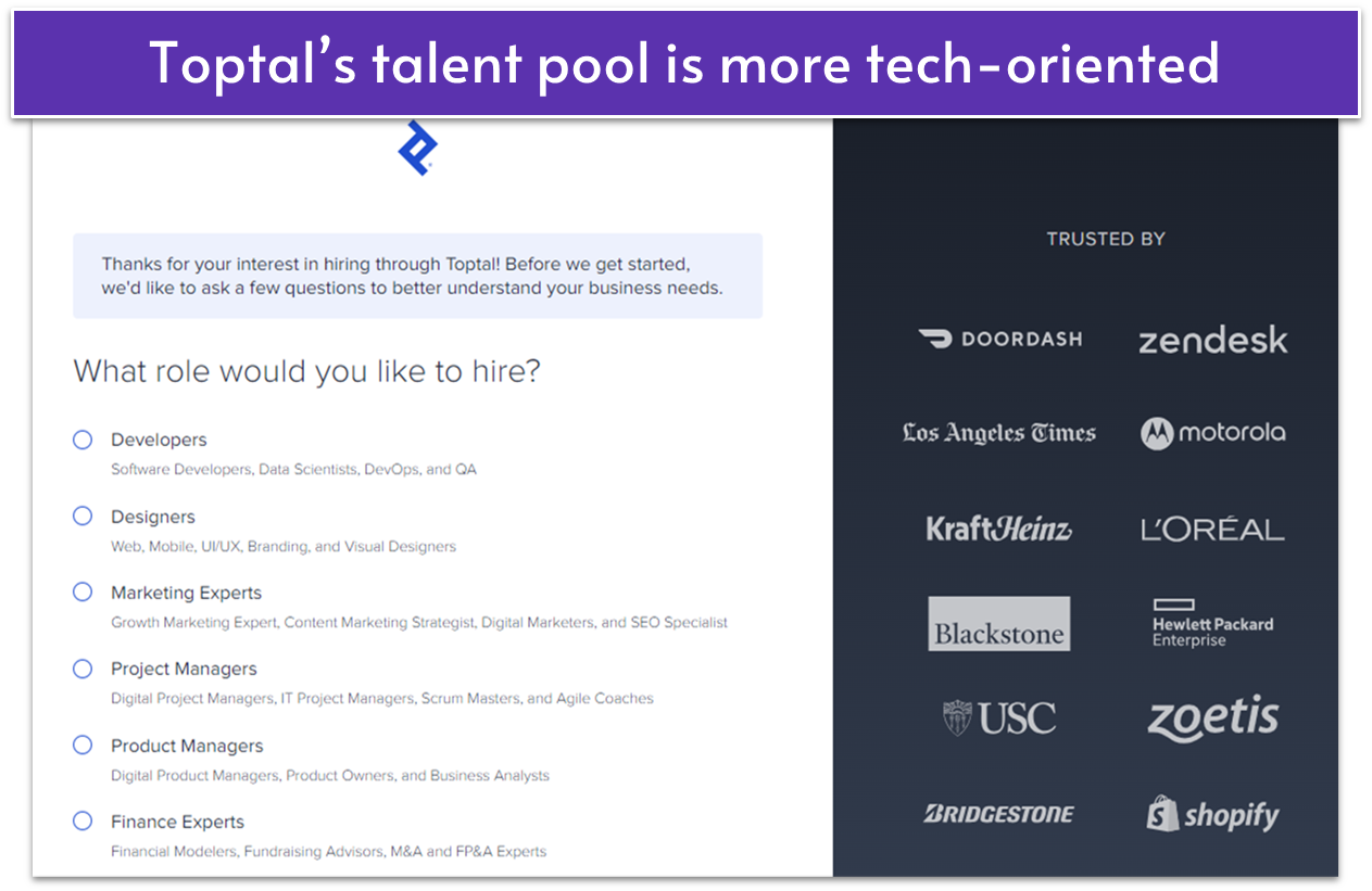 A quiz on Toptal's website asking what type of service you seek
