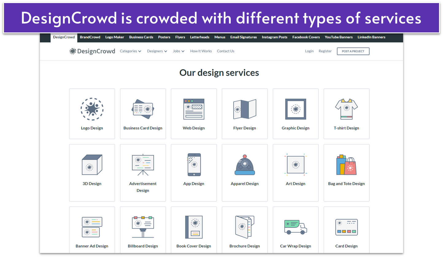 DesignCrowd's website showing part of a list of their design services