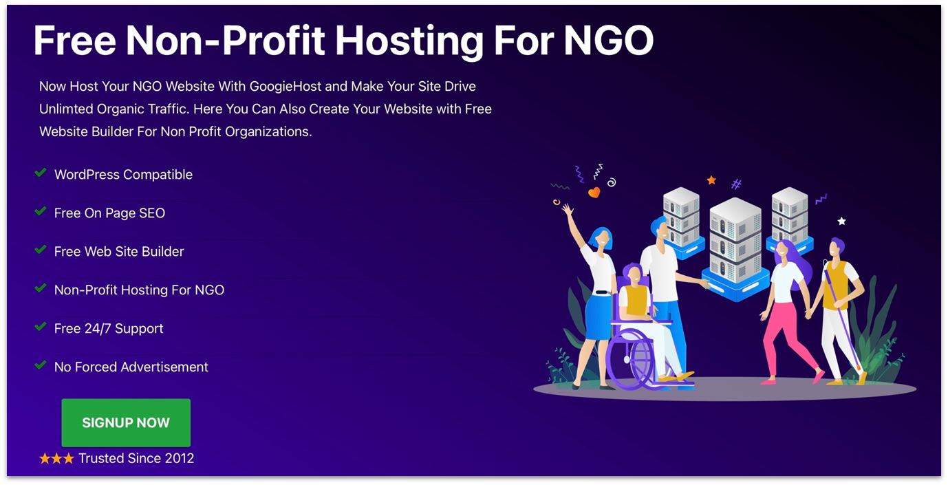 Graphic of Googiehost's nonprofit hosting homepage