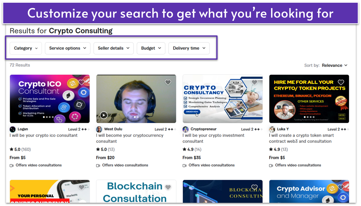 Screenshot showing Fiverr's search result filters