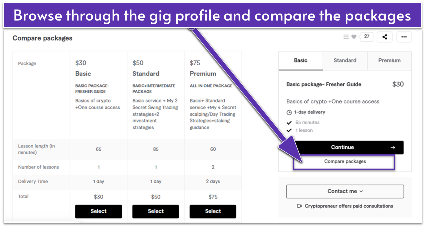 Compare packages on a Fiverr's gig profile