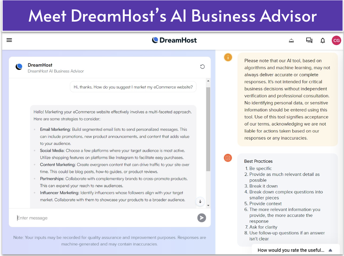 DreamHost's AI Business Advisor chatbot