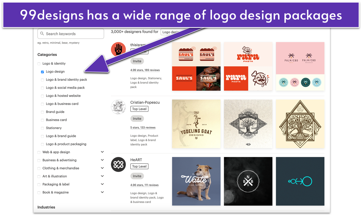 99designs logo package types and designer portfolios