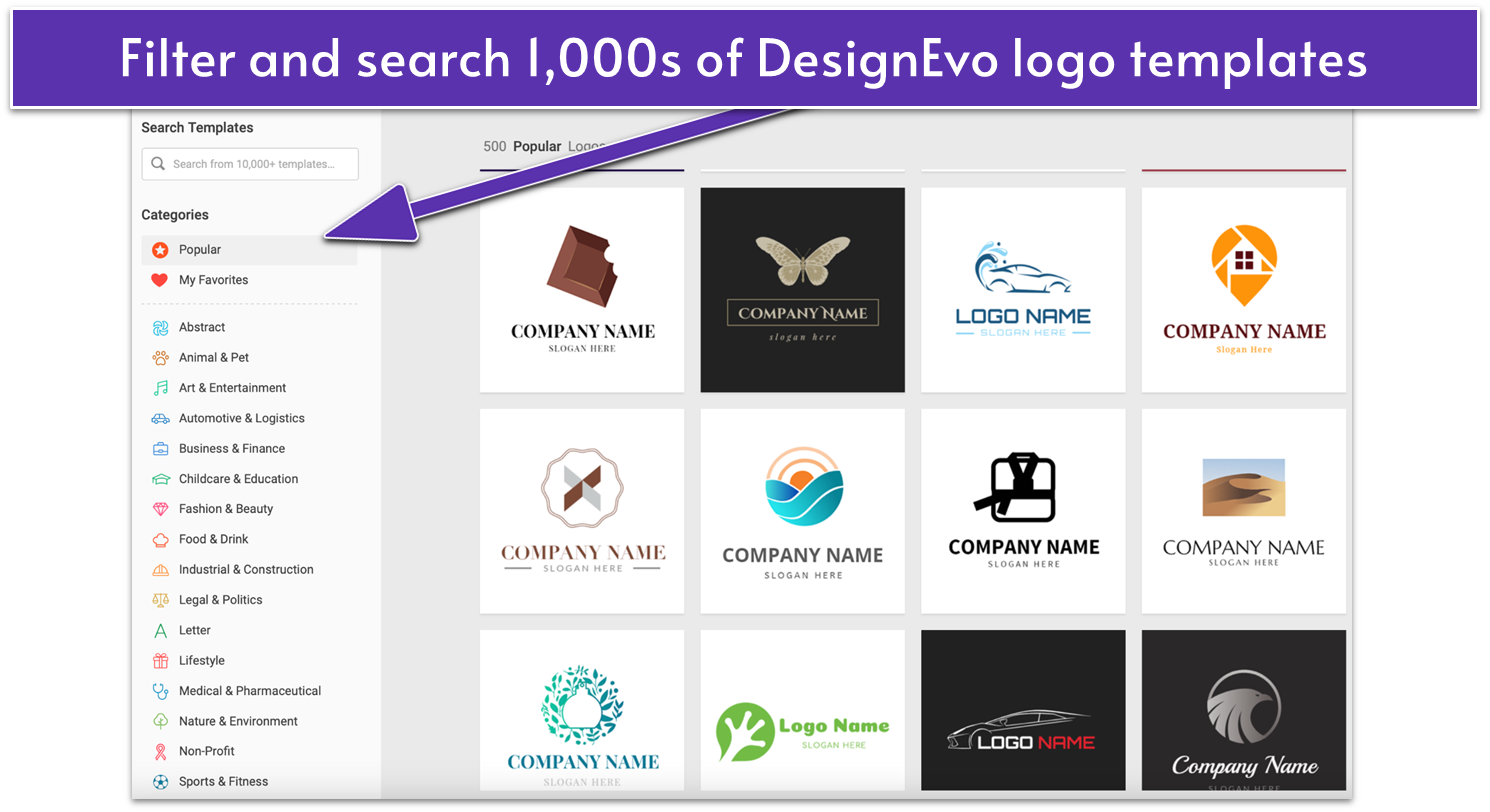 DesignEvo logo template selection