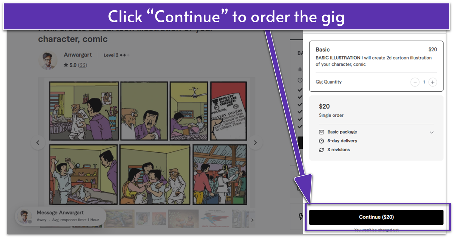 Screenshot showing how to order a book illustrator on Fiverr