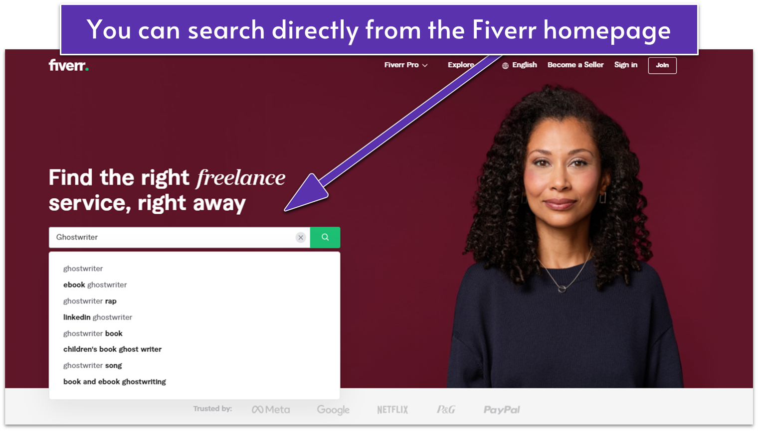 The Fiverr homepage, with the word "ghostwriter" written in the search bar