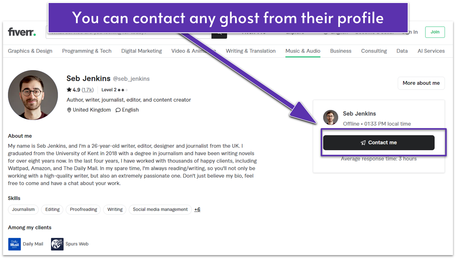 The Contact Me button highlighted on a ghostwriter's profile on Fiverr
